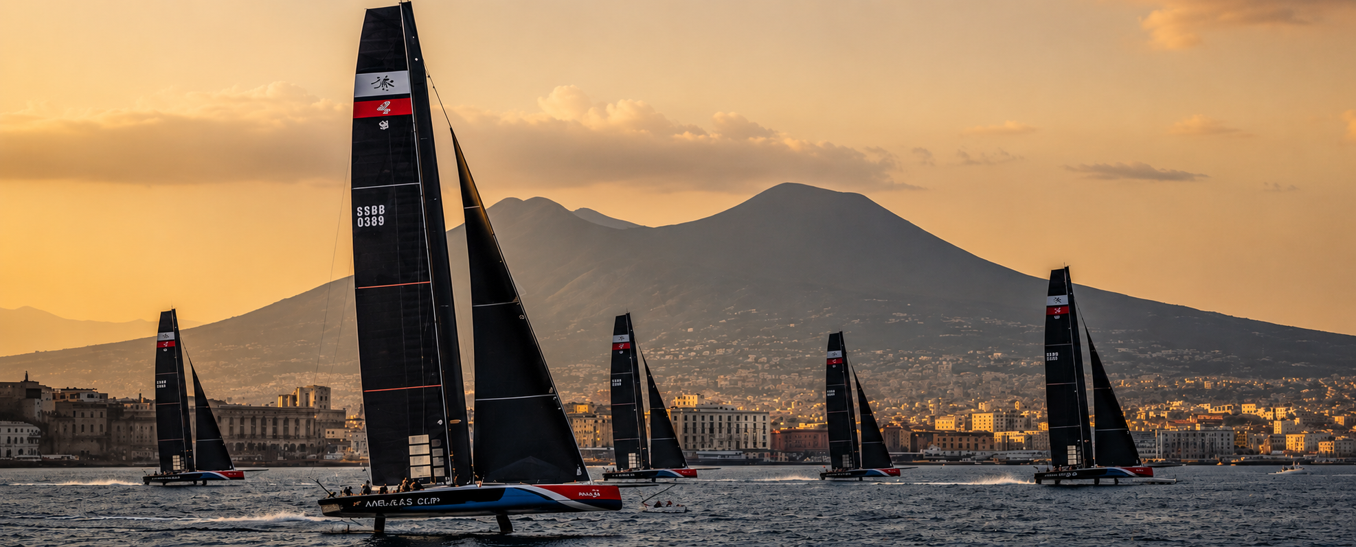Golfo di Napoli al tramonto con le imbarcazioni dell'America's Cup davanti al Vesuvio